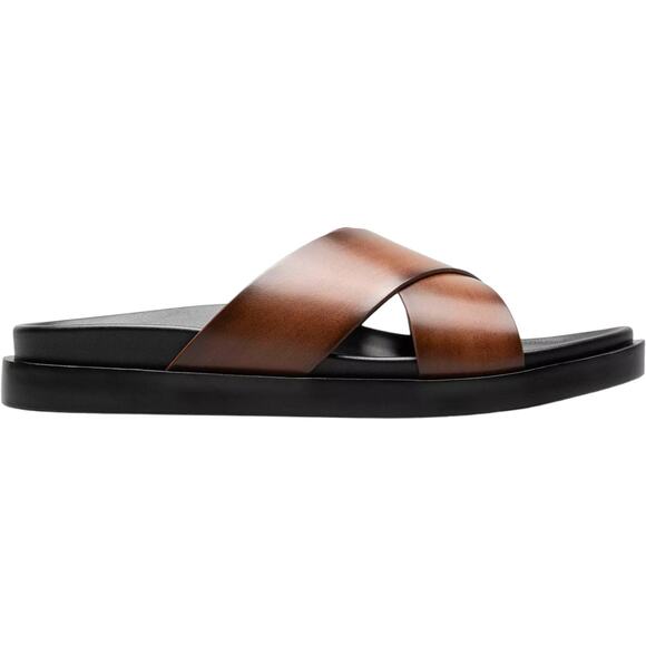 Stacy Adams Cognac Brown Leather Crisscross Slide Sandals